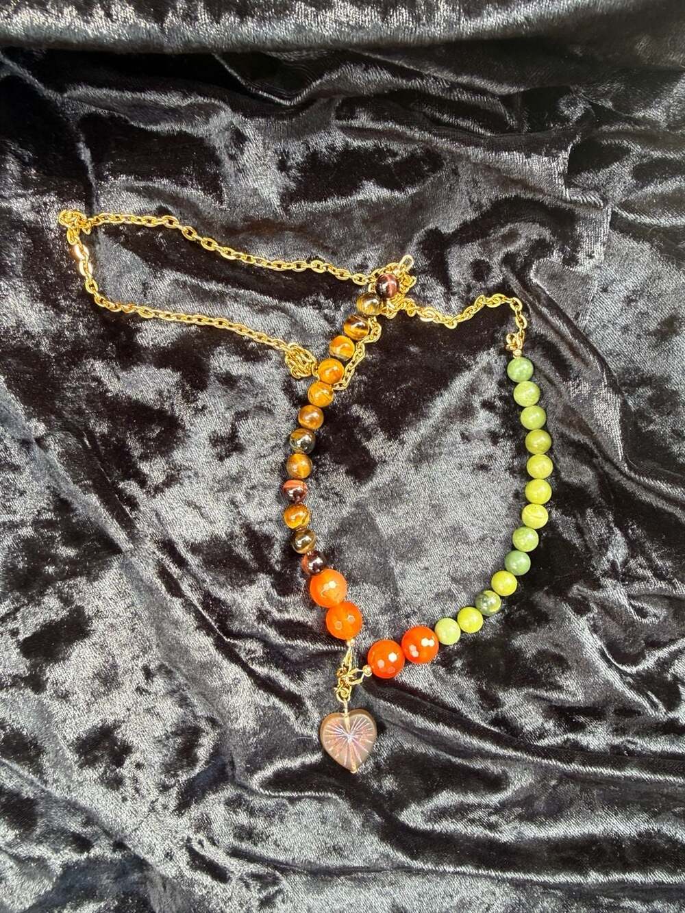 Handmade Autumn Fall Gemstone Beaded Heart Pendant Necklace
